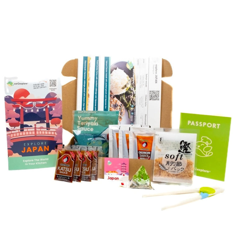 Collection of Japanese-themed products including packets and a passport on a white background
